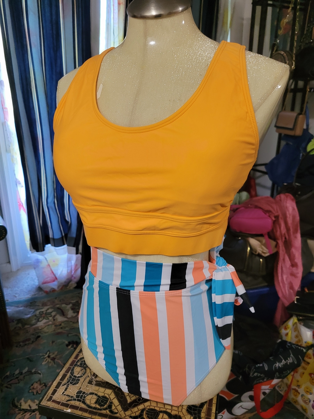 High-Waist Stripe Bikini Set with Golden Yellow Tank Top